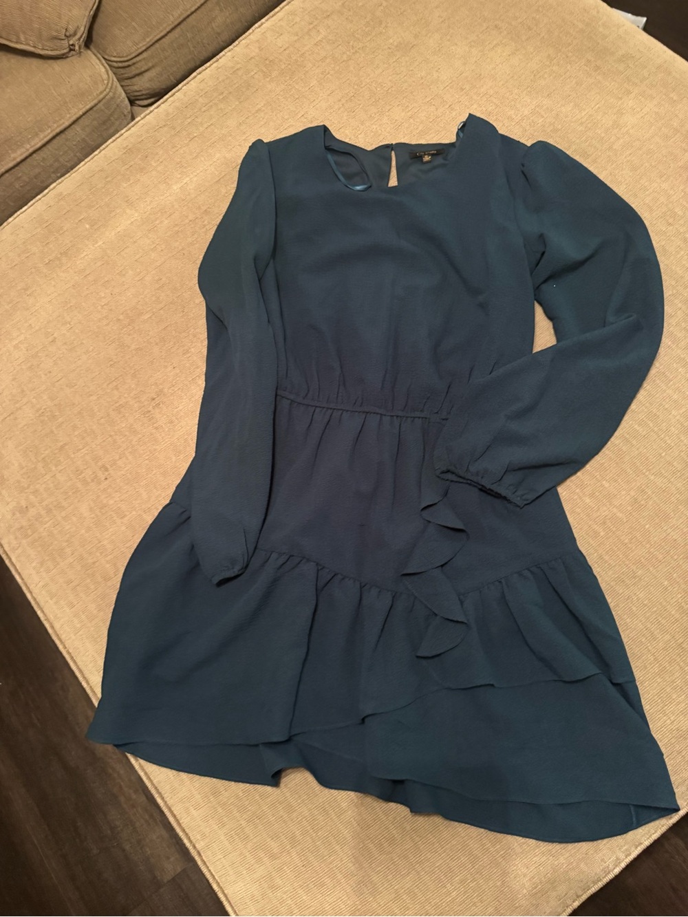 Teal Long-Sleeve Ruffle Hem Dress
